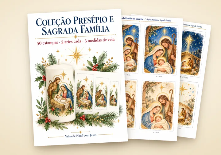 Páginas do PDF: a capa da Coleção Presépio e Sagrada Família (vela estampada apagada), a folha 11 (Sagrada Família em aquarela) e a folha 2, com cada estampa nas 3 medidas de vela e a linha de corte