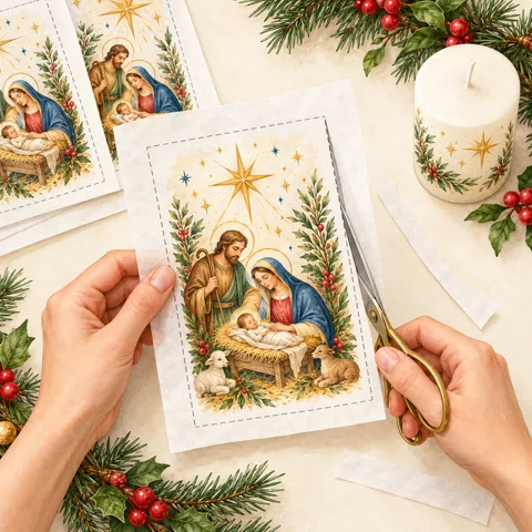 Ilustração: as mãos recortam a estampa da Sagrada Família na linha tracejada, deixando a margem em volta da figura